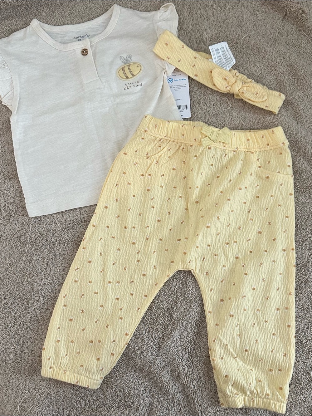 Carter's Cream Bee Tee with Pale Yellow Pants & Headband